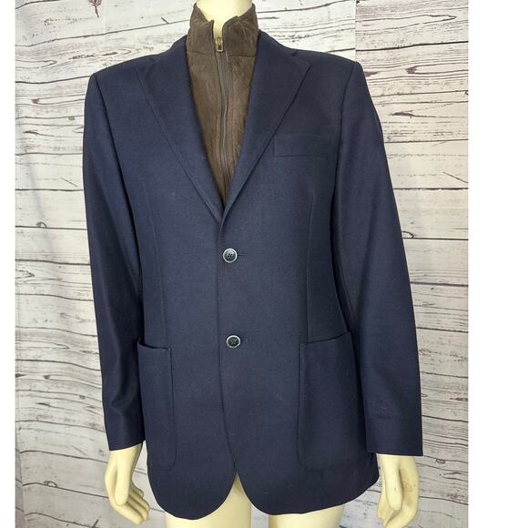 Bottoli Navy Wool Blazer Jacket With Detachable Brown Bib size 36 R - Picture 3 of 11